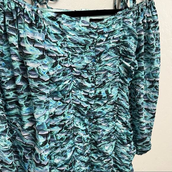 Pretty Little Thing Blue Green abstract Ruched Mini Dress Puff Sleeves - Picture 2 of 6